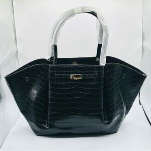 Maxi Black Crocodile-Embossed Tote Bag